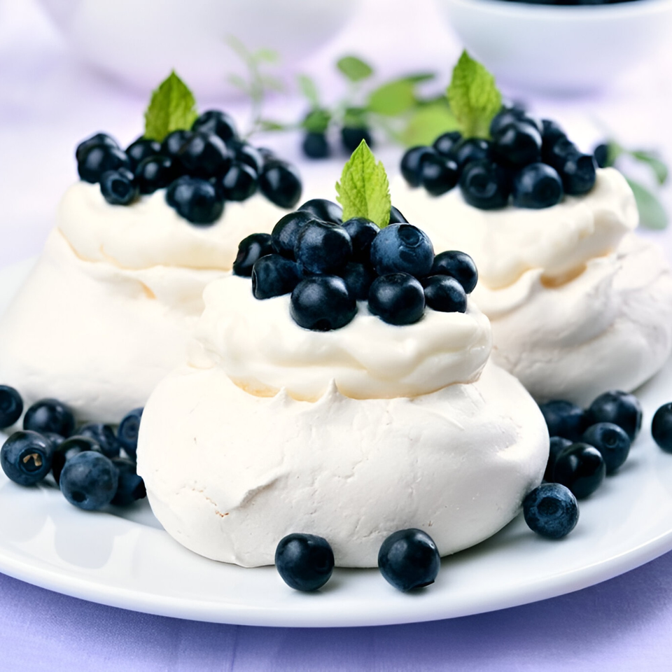 Three meringue desserts topped with whipped cream, fresh blueberries, and mint leaves on a white plate.