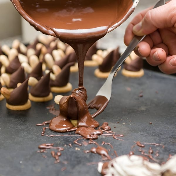 A hand pours melted chocolate over small, pointed pastries on a dark baking sheet.