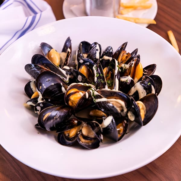 A white bowl of mussels in a creamy sauce, garnished with herbs, on a wooden table.