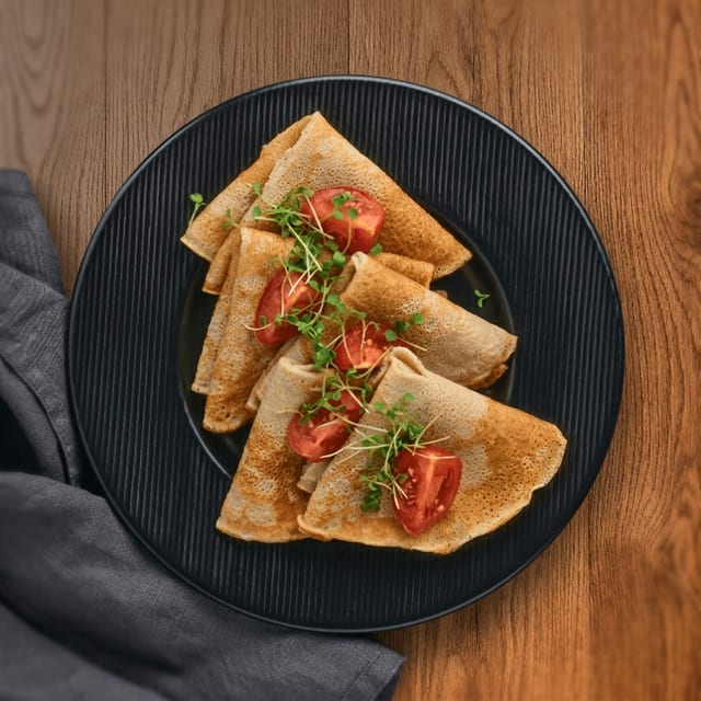 Spinach, Tomato & Mushroom Crepe.